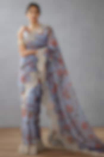 Sea Blue Silk Organza Digital Printed & Dori Embroidered Wedding Saree by TORANI at Pernia's Pop Up Shop