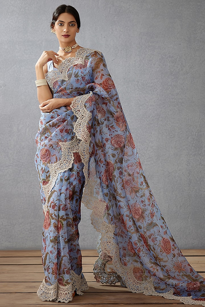 Sea Blue Silk Organza Digital Printed & Dori Embroidered Wedding Saree by TORANI at Pernia's Pop Up Shop