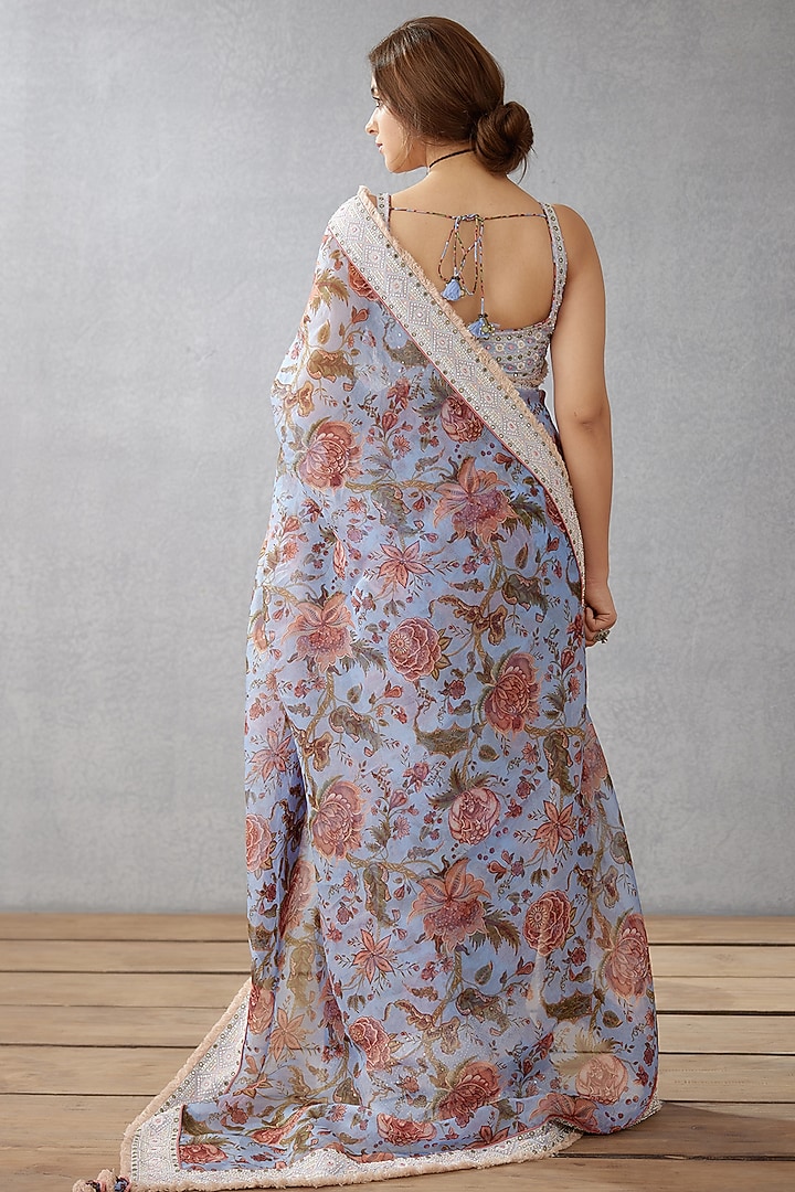 Sea Blue Silk Organza Digital Printed & Mirror Embroidered Reception Saree by TORANI at Pernia's Pop Up Shop