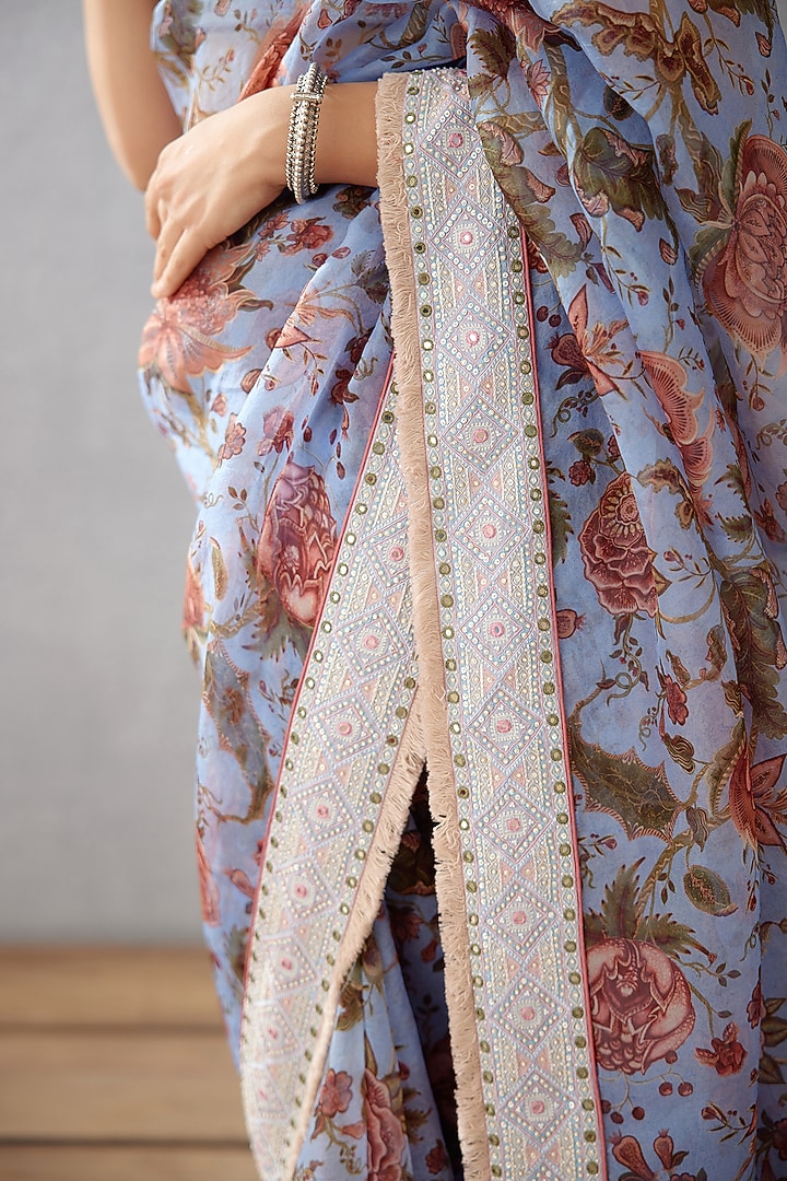 Sea Blue Silk Organza Digital Printed & Mirror Embroidered Reception Saree by TORANI at Pernia's Pop Up Shop