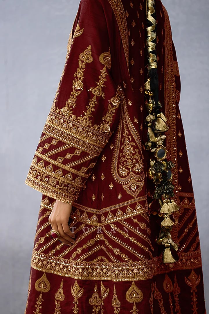 Red Jeni Silk & Organza Embroidered Kurta Set by Torani at Pernia's Pop Up Shop