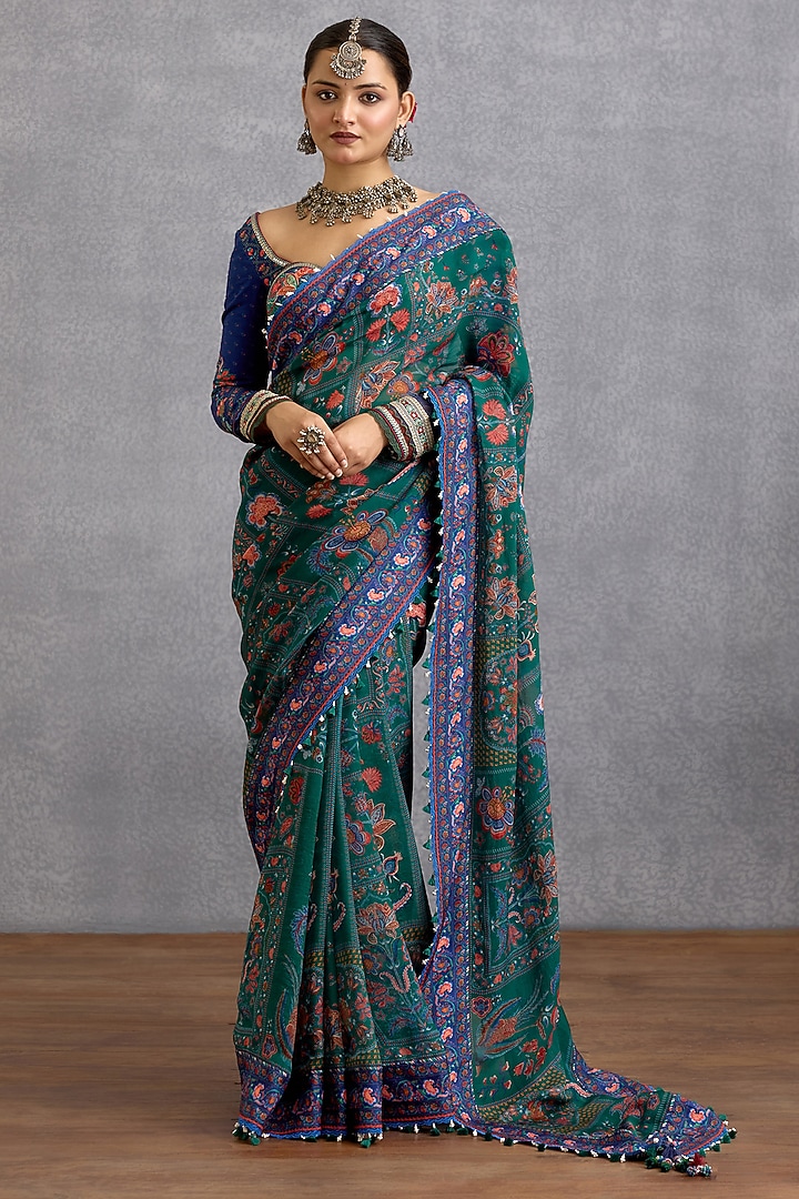 Green & Blue Viscose Organza Digital Chintz Printed Wedding Saree by Torani at Pernia's Pop Up Shop