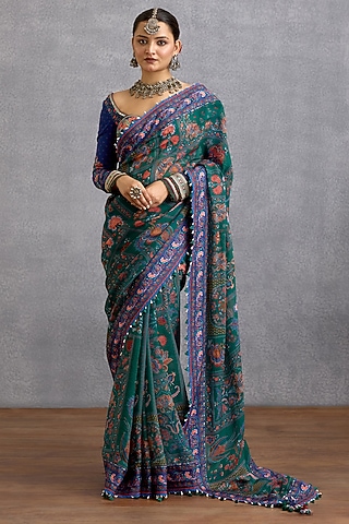 Green & Blue Viscose Organza Digital Chintz Printed Saree by Torani