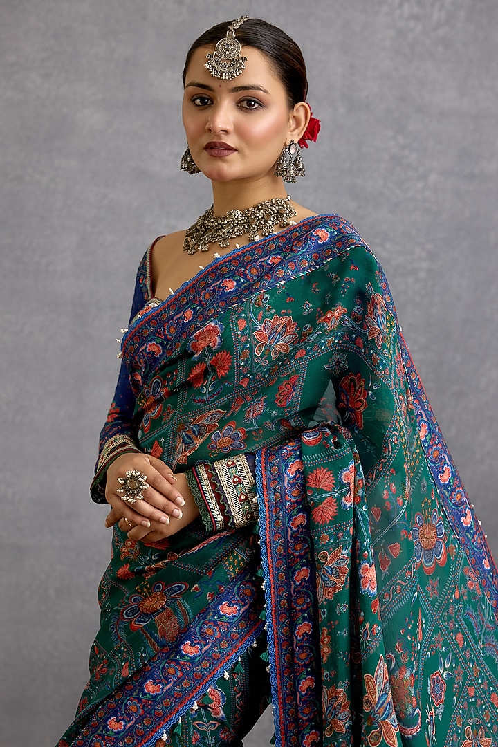 Green & Blue Viscose Organza Digital Chintz Printed Wedding Saree by Torani at Pernia's Pop Up Shop