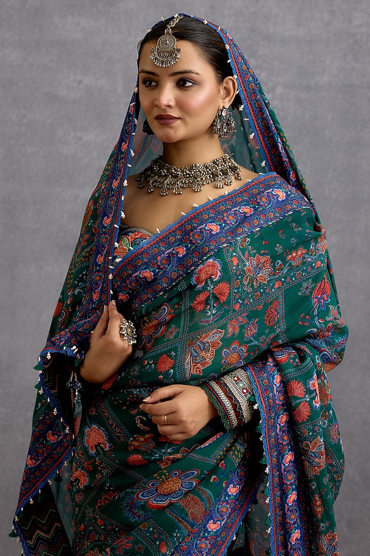 Green & Blue Viscose Organza Digital Chintz Printed Wedding Saree by Torani at Pernia's Pop Up Shop
