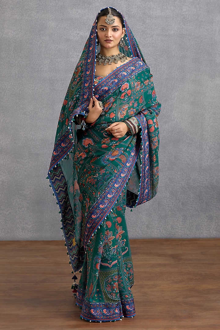 Green & Blue Viscose Organza Digital Chintz Printed Wedding Saree by Torani at Pernia's Pop Up Shop