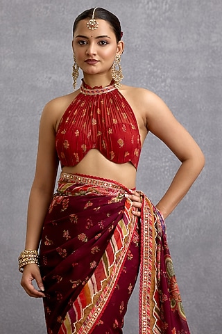 Maroon Georgette Printed Halter-Neck Blouse by Torani
