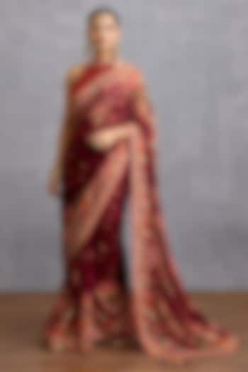 Maroon Georgette Digital Floral Chintz Printed Wedding Saree by Torani at Pernia's Pop Up Shop