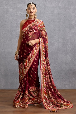 Maroon Georgette Digital Floral Chintz Printed Saree by Torani