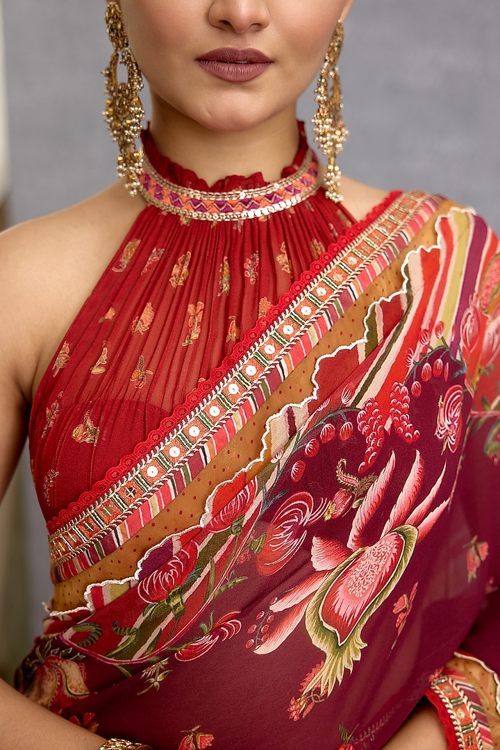 Maroon Georgette Digital Floral Chintz Printed Wedding Saree by Torani at Pernia's Pop Up Shop