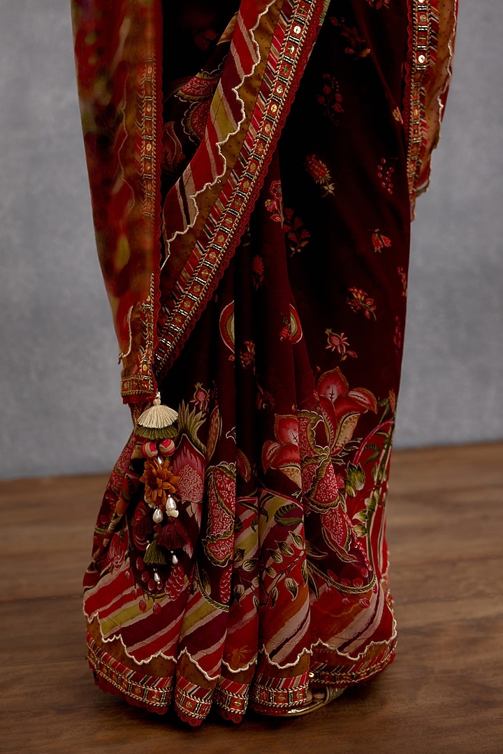 Maroon Georgette Digital Floral Chintz Printed Wedding Saree by Torani at Pernia's Pop Up Shop