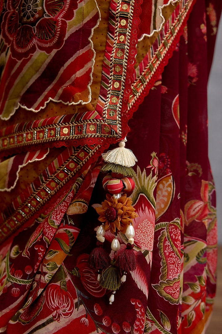Maroon Georgette Digital Floral Chintz Printed Wedding Saree by Torani at Pernia's Pop Up Shop