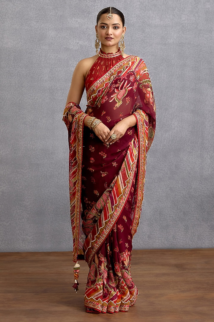 Maroon Georgette Digital Floral Chintz Printed Wedding Saree by Torani at Pernia's Pop Up Shop