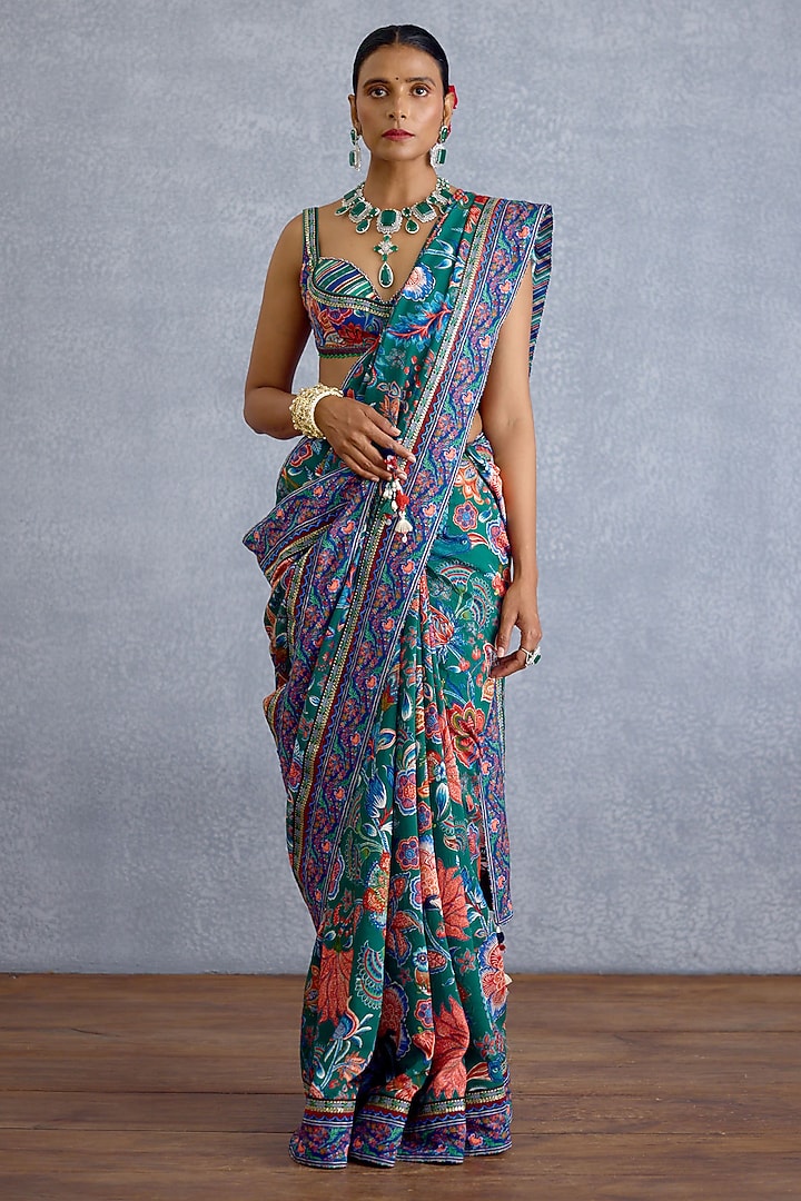 Green & Blue Chanderi Chintz Motif Printed Wedding Saree by Torani at Pernia's Pop Up Shop