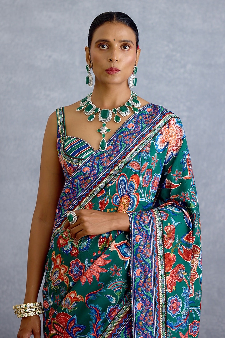 Green & Blue Chanderi Chintz Motif Printed Wedding Saree by Torani at Pernia's Pop Up Shop