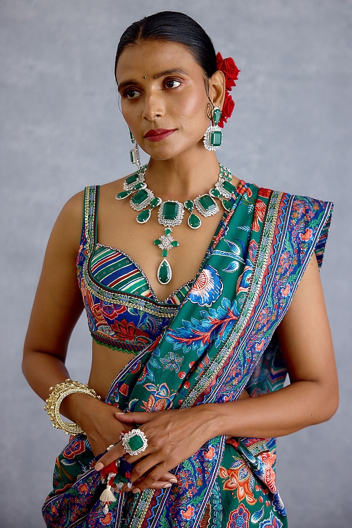 Green & Blue Chanderi Chintz Motif Printed Wedding Saree by Torani at Pernia's Pop Up Shop