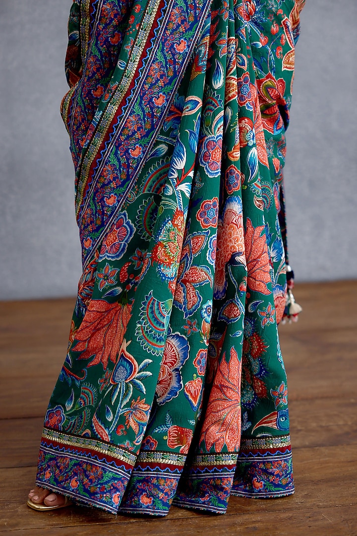Green & Blue Chanderi Chintz Motif Printed Wedding Saree by Torani at Pernia's Pop Up Shop