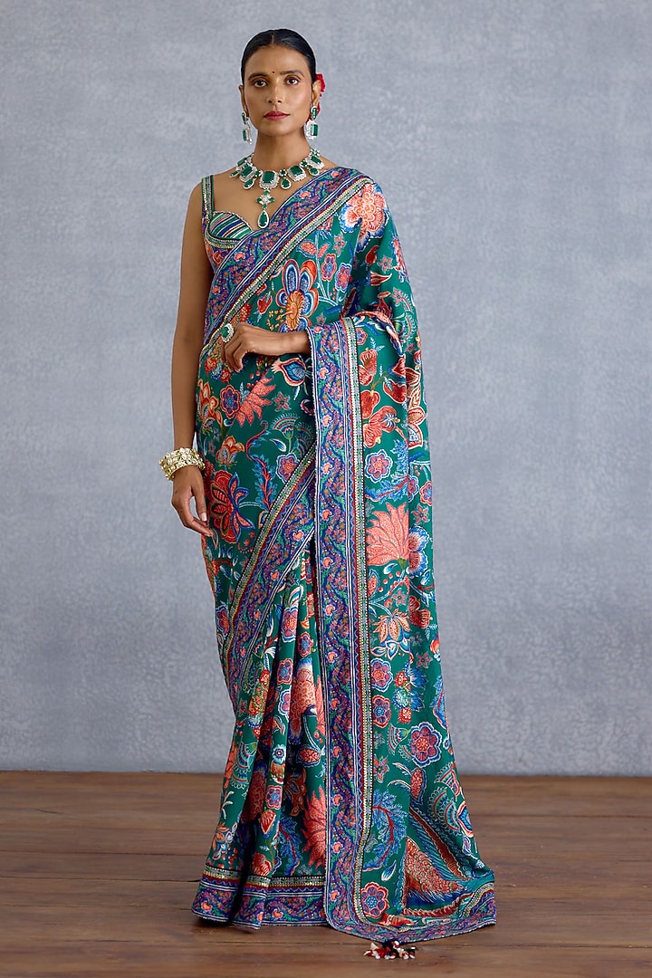 Green & Blue Chanderi Chintz Motif Printed Wedding Saree by Torani at Pernia's Pop Up Shop