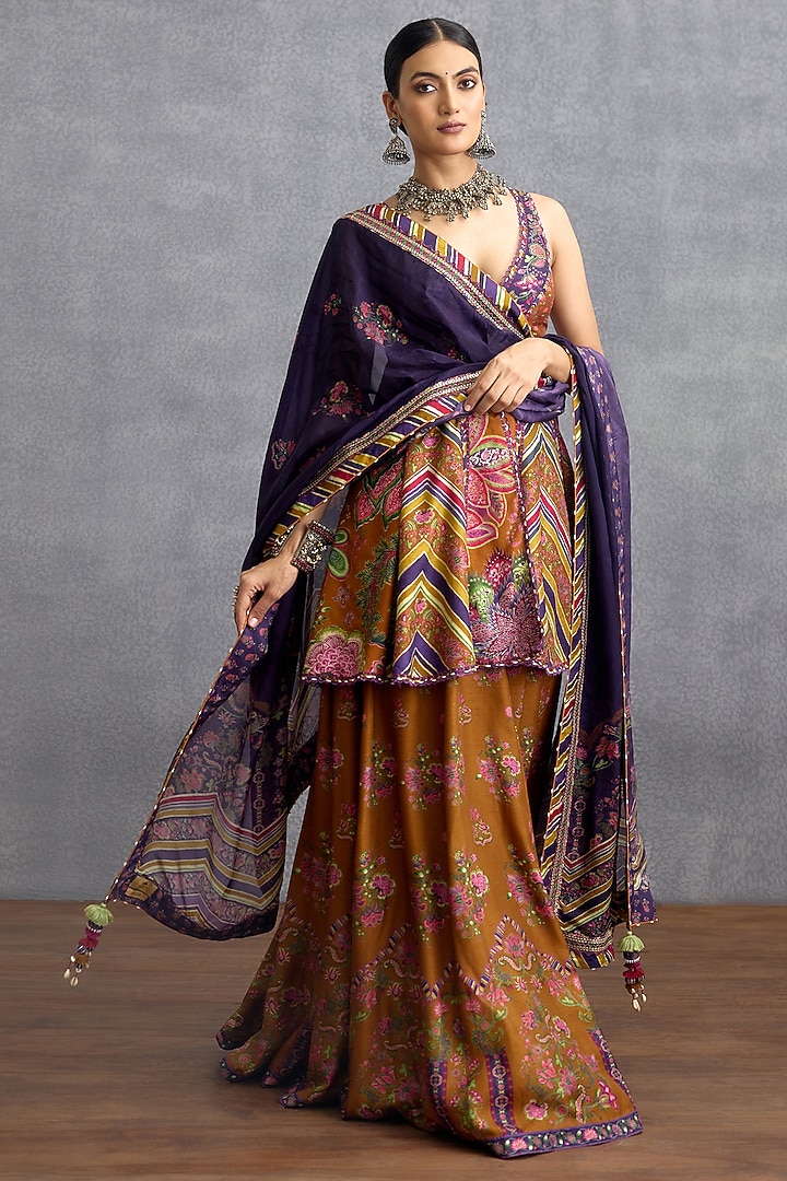 Orange & Purple Dola Silk Digital Printed Wedding Sharara Set by Torani at Pernia's Pop Up Shop