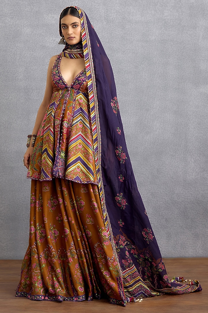 Orange & Purple Dola Silk Digital Printed Wedding Sharara Set by Torani at Pernia's Pop Up Shop