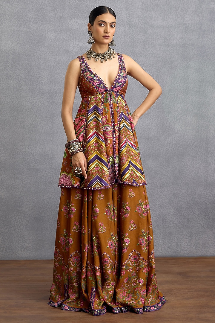 Orange & Purple Dola Silk Digital Printed Wedding Sharara Set by Torani at Pernia's Pop Up Shop
