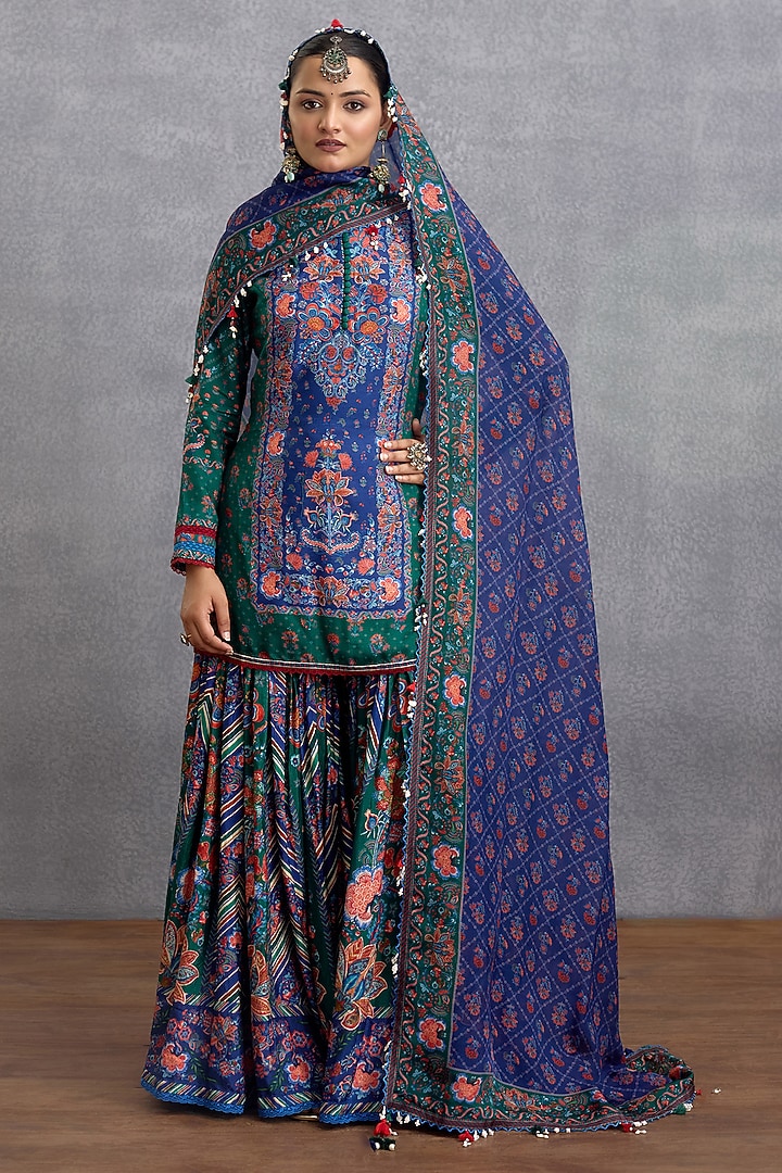 Blue & Green Dola Silk Digital Printed Wedding Sharara Set by Torani at Pernia's Pop Up Shop
