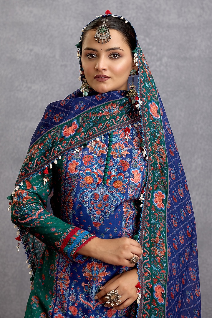 Blue & Green Dola Silk Digital Printed Wedding Sharara Set by Torani at Pernia's Pop Up Shop