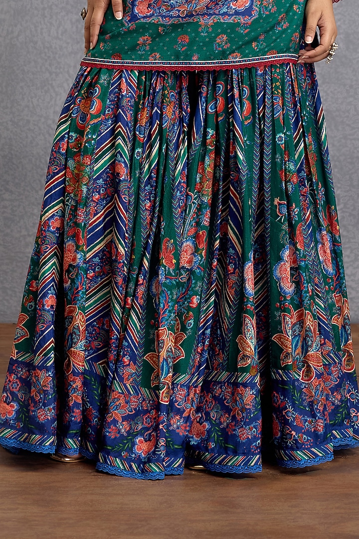 Blue & Green Dola Silk Digital Printed Wedding Sharara Set by Torani at Pernia's Pop Up Shop