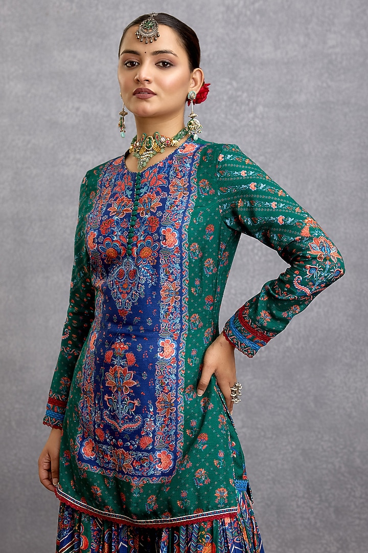 Blue & Green Dola Silk Digital Printed Wedding Sharara Set by Torani at Pernia's Pop Up Shop