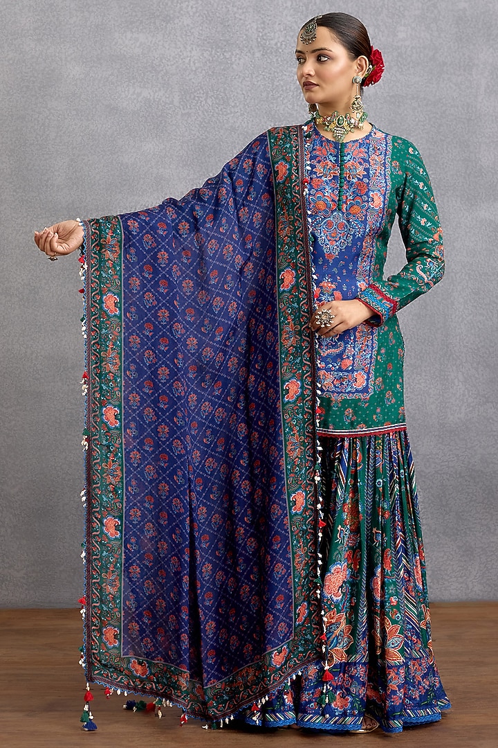 Blue & Green Dola Silk Digital Printed Wedding Sharara Set by Torani at Pernia's Pop Up Shop