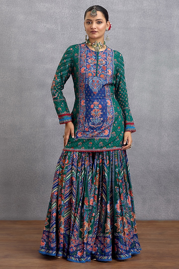 Blue & Green Dola Silk Digital Printed Wedding Sharara Set by Torani at Pernia's Pop Up Shop