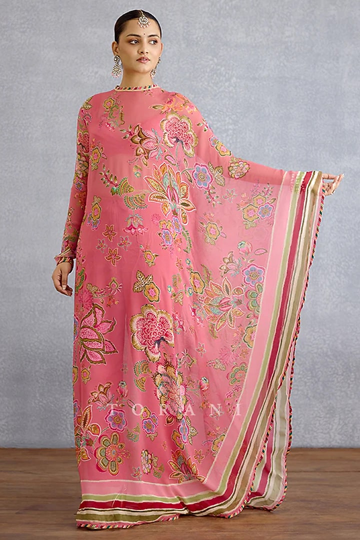 Pink Muslin Silk Digital Printed Kaftan Set by TORANI at Pernia's Pop Up Shop