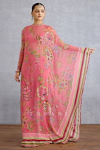 Pink Muslin Silk Digital Printed Kaftan Set by TORANI