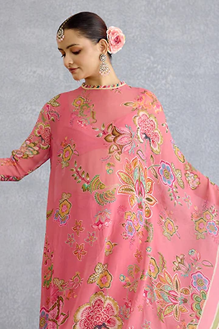 Pink Muslin Silk Digital Printed Kaftan Set by TORANI at Pernia's Pop Up Shop