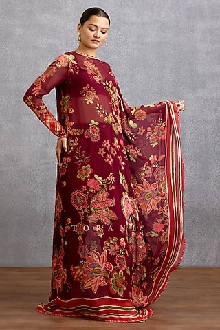 Maroon Muslin Silk Digital Printed Kaftan Set by TORANI
