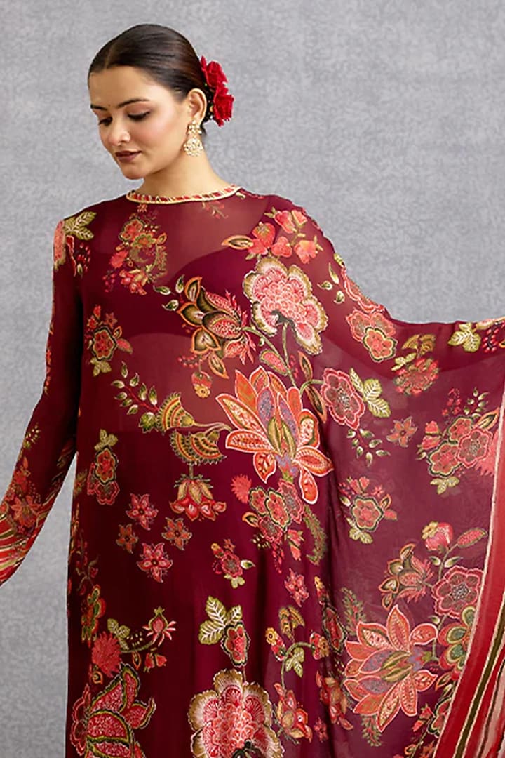 Maroon Muslin Silk Digital Printed Kaftan Set by TORANI at Pernia's Pop Up Shop