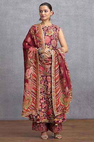 Maroon Jeni Silk Digital Printed Kurta Set by Torani