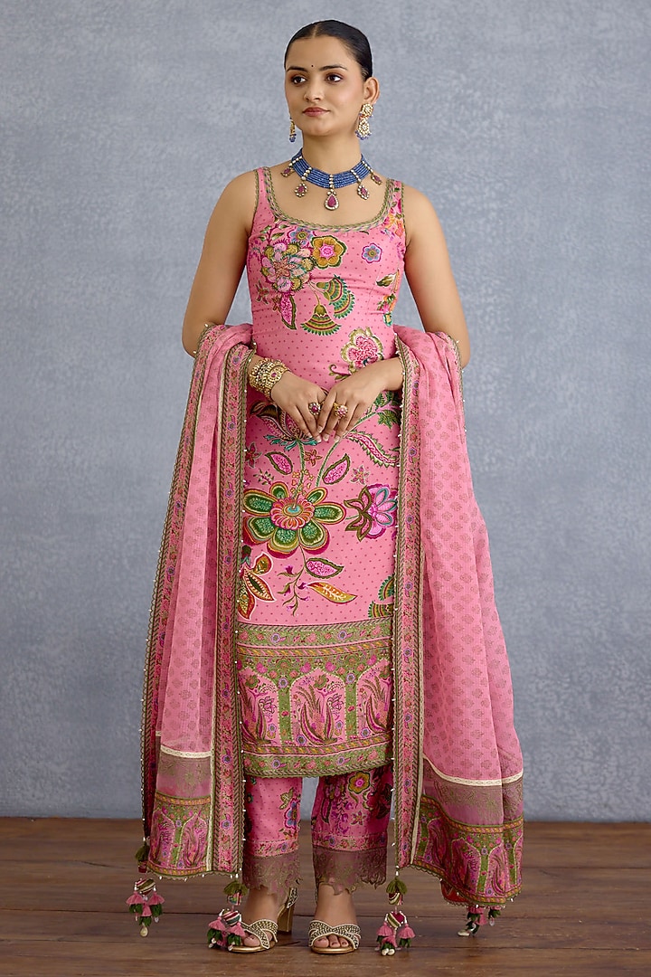 Pink Jeni Silk & Linen Kalamkari Printed Kurta Set by Torani at Pernia's Pop Up Shop