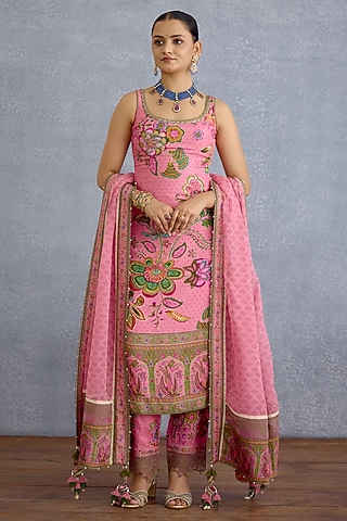 Pink Jeni Silk & Linen Kalamkari Printed Kurta Set by Torani