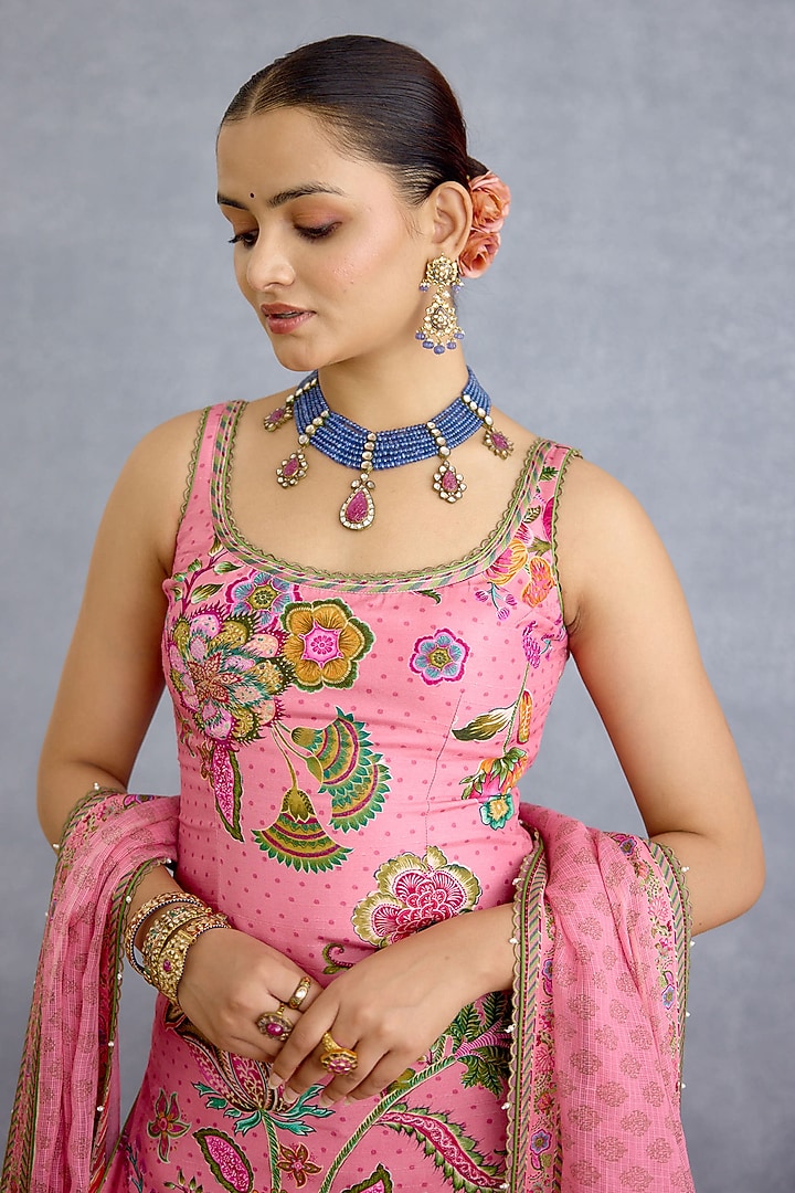Pink Jeni Silk & Linen Kalamkari Printed Kurta Set by Torani at Pernia's Pop Up Shop