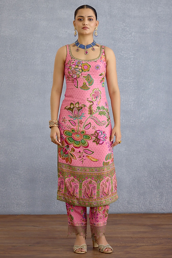 Pink Jeni Silk & Linen Kalamkari Printed Kurta Set by Torani at Pernia's Pop Up Shop