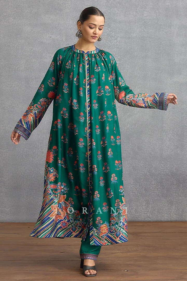 Blue & Green Dola Silk Digital Printed Kurta Set by TORANI at Pernia's Pop Up Shop