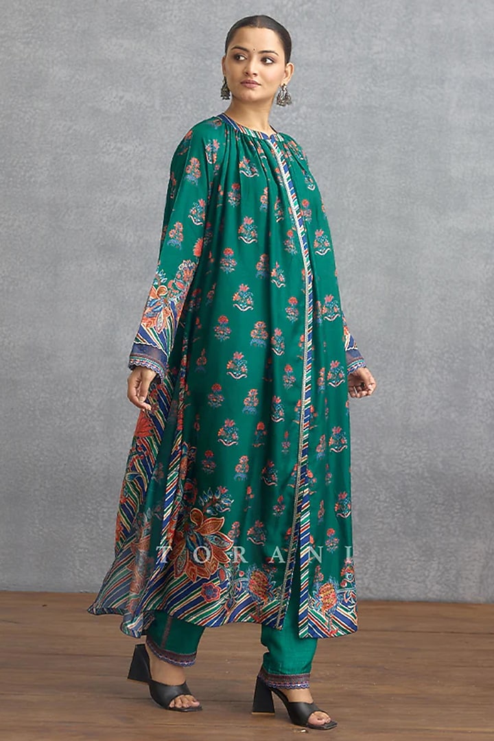Blue & Green Dola Silk Digital Printed Kurta Set by TORANI at Pernia's Pop Up Shop