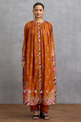 Orange & Purple Dola Silk Digital Printed Kurta Set by TORANI