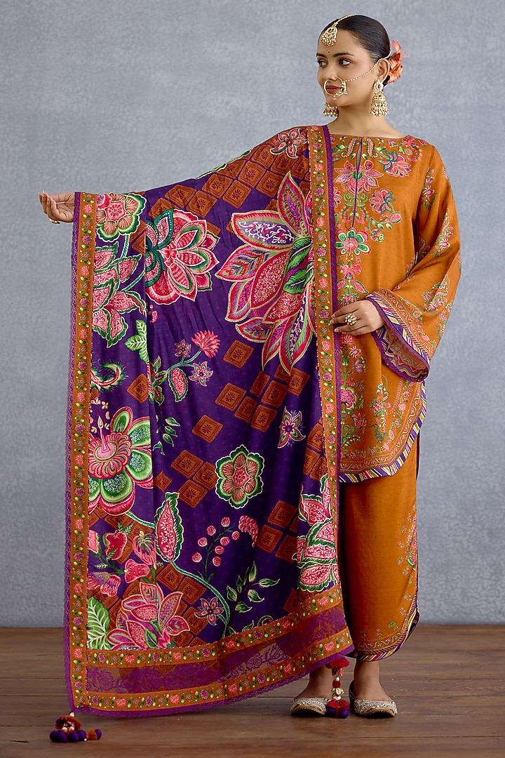 Orange & Purple Dola Silk Digital Printed Kurta Set by Torani at Pernia's Pop Up Shop