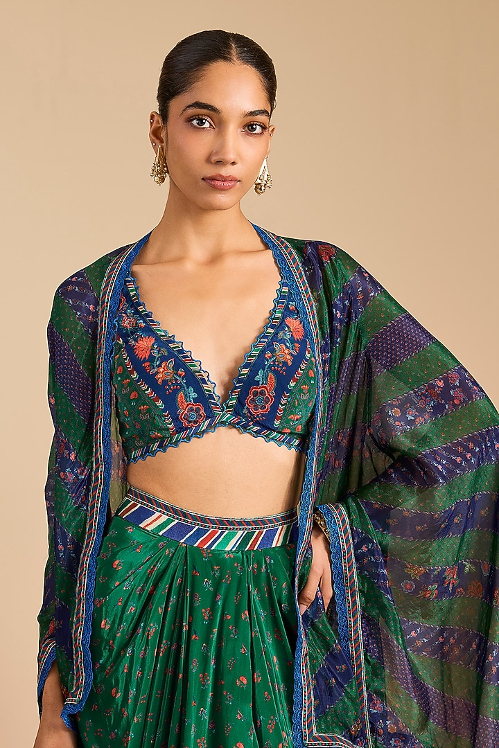 Green Silk Crepe & Silk Crepe Organza Cape Set by Torani at Pernia's Pop Up Shop