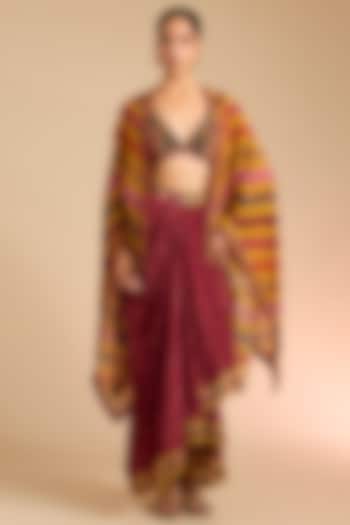 Multi-Colored Silk Crepe & Silk Crepe Organza Cape Set by Torani at Pernia's Pop Up Shop