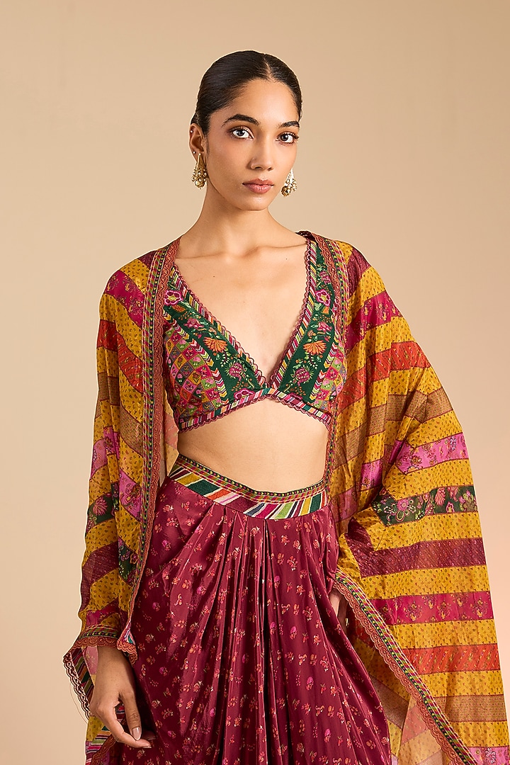 Multi-Colored Silk Crepe & Silk Crepe Organza Cape Set by Torani at Pernia's Pop Up Shop