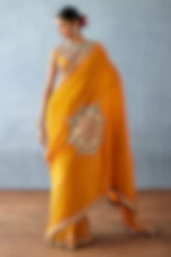 Yellow Slub Silk Digital Printed Reception Saree by TORANI at Pernia's Pop Up Shop