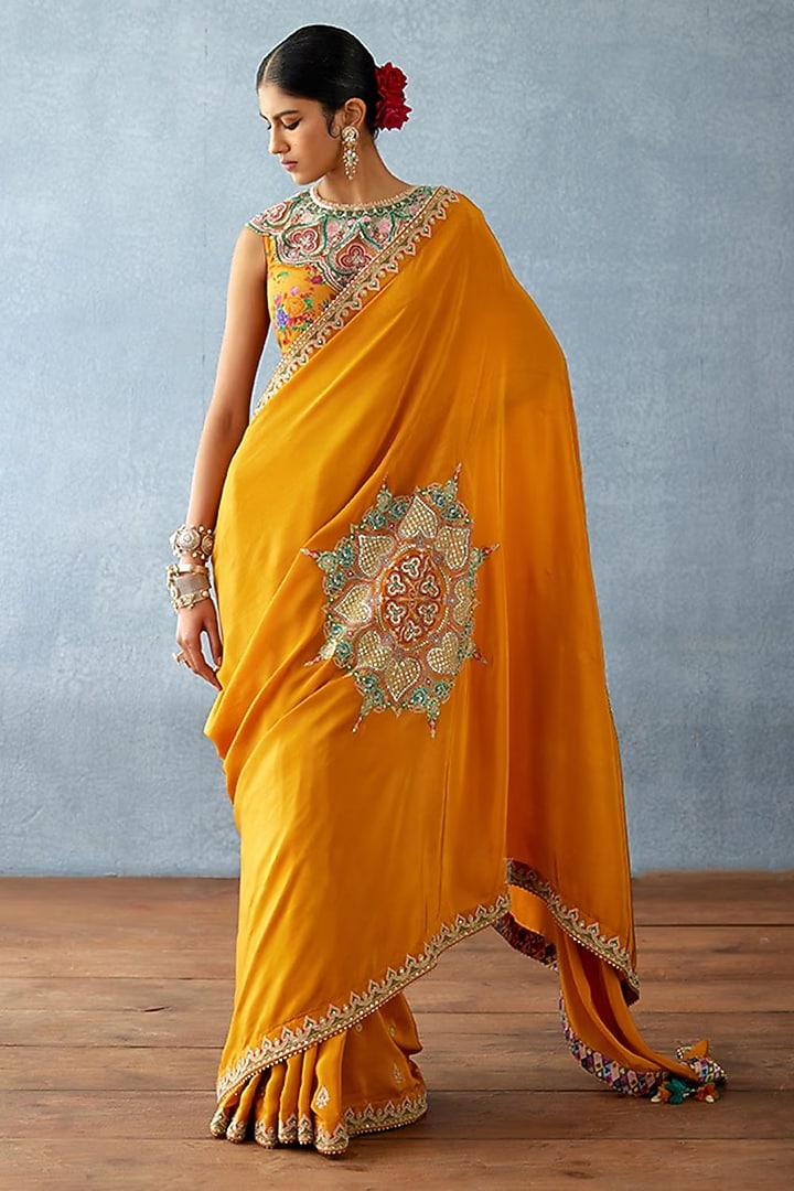 Yellow Slub Silk Digital Printed Reception Saree by TORANI at Pernia's Pop Up Shop